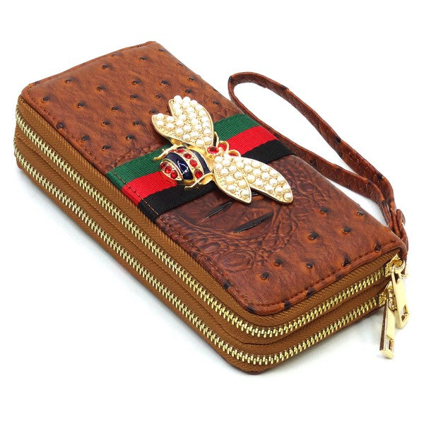 Queen Bee Stripe Ostrich Double Zip Around Wallets