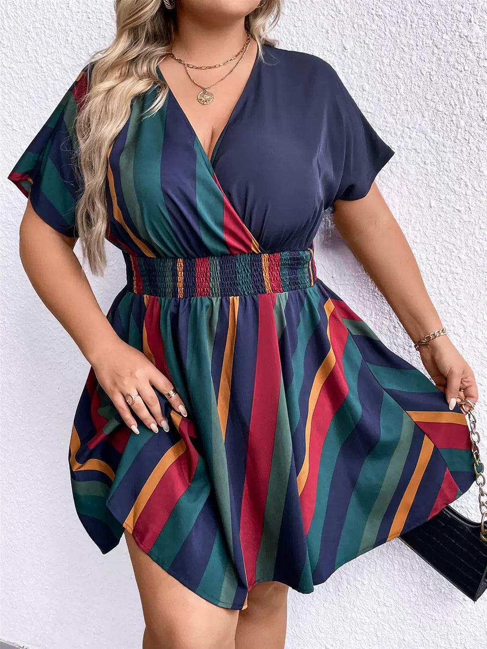 Plus Size Women's V Neck Striped Summer Dress