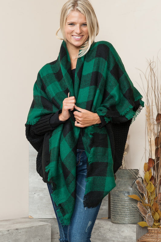 Justin Taylor Plaid Raw Hem Scarf in Green/Black