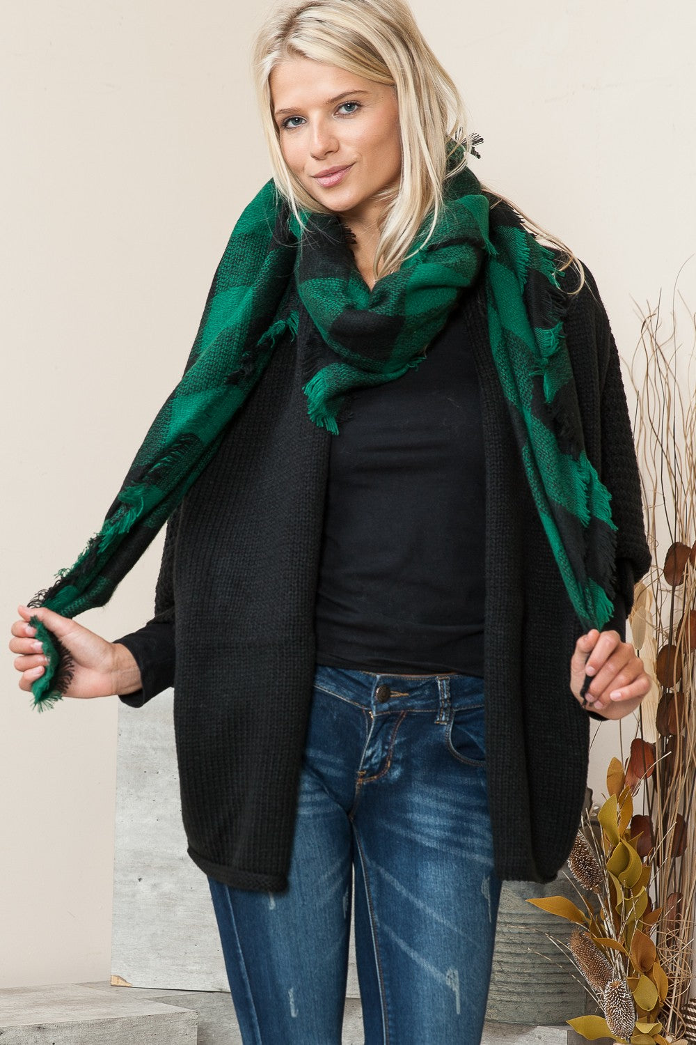 Justin Taylor Plaid Raw Hem Scarf in Green/Black