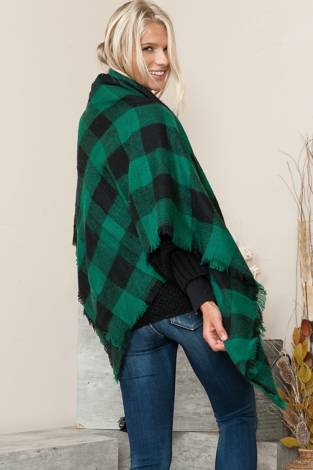 Justin Taylor Plaid Raw Hem Scarf in Green/Black