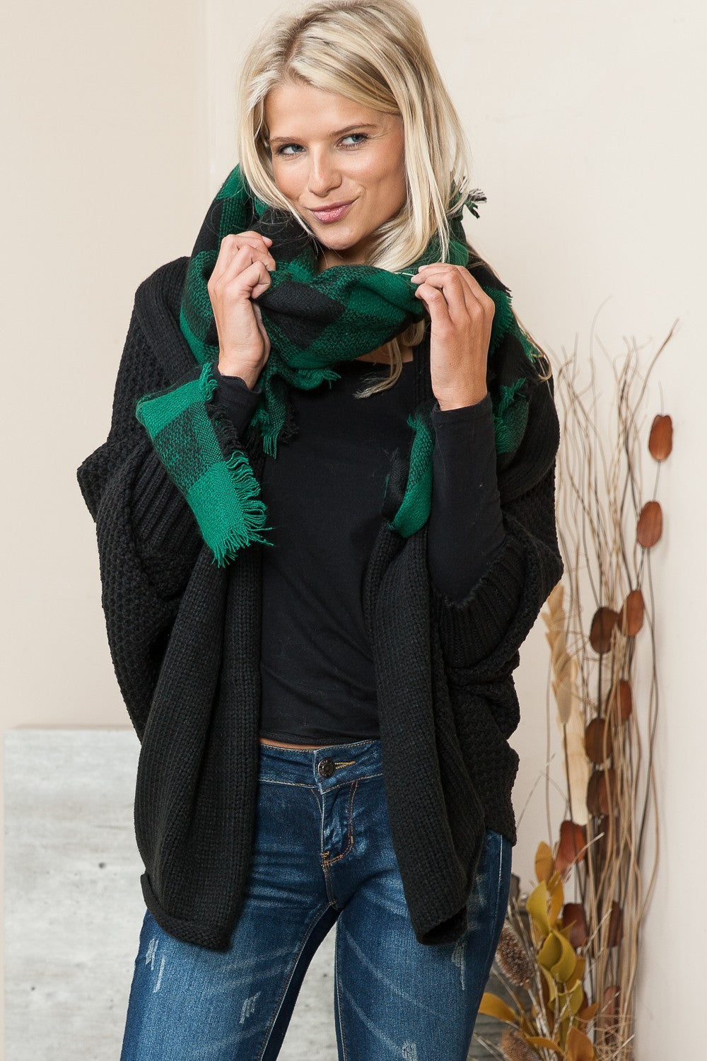 Justin Taylor Plaid Raw Hem Scarf in Green/Black