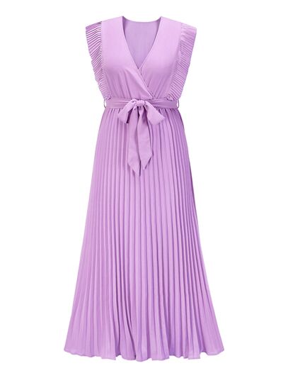 Tied Surplice Cap Sleeve Pleated Dress