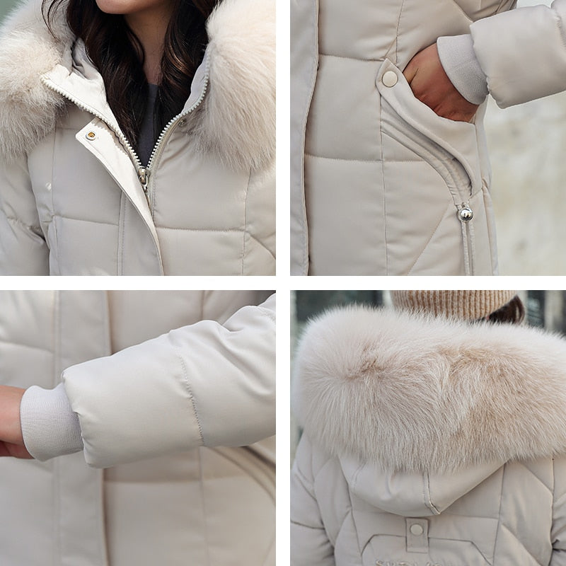 X-Long Winter Down Hooded Coat with Fur Collar for Women