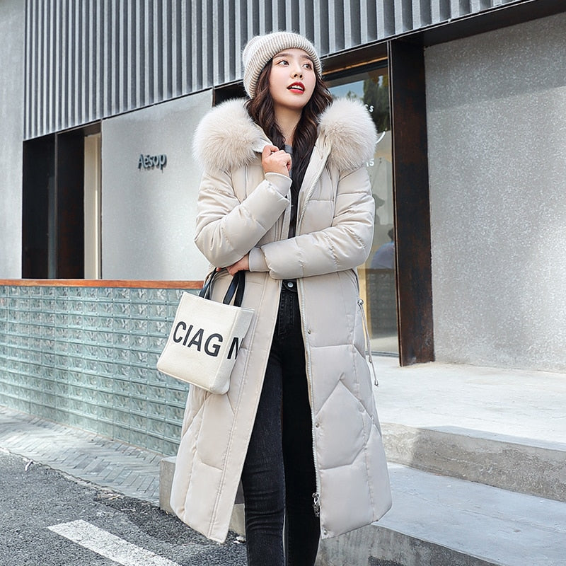 X-Long Winter Down Hooded Coat with Fur Collar for Women