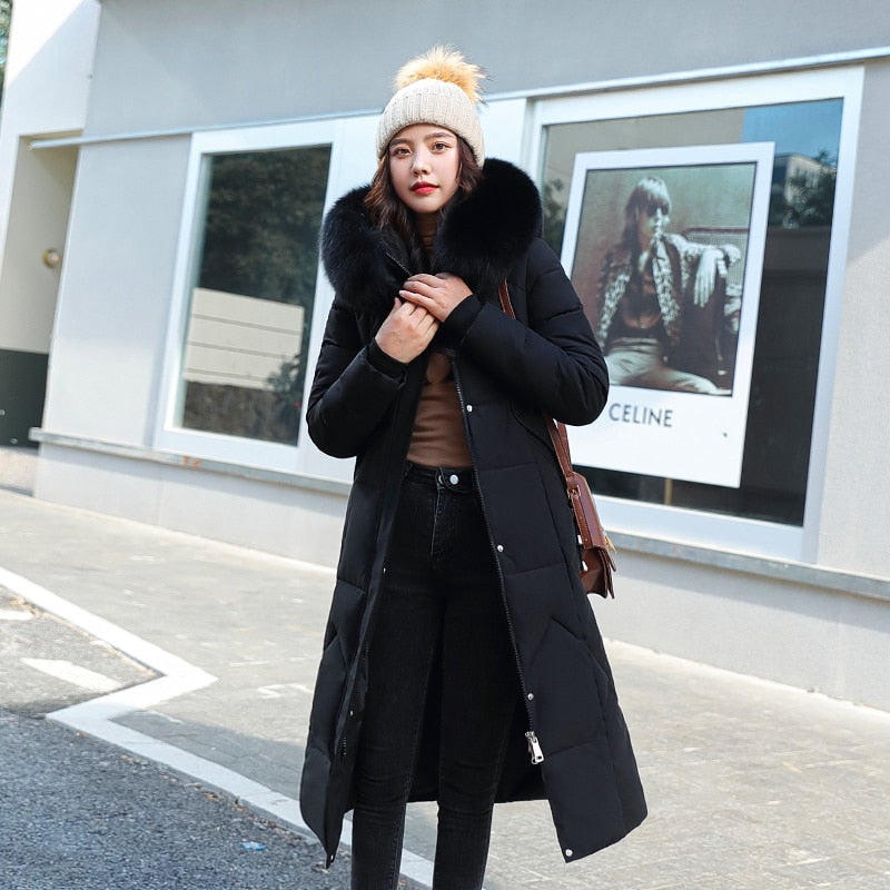 X-Long Winter Down Hooded Coat with Fur Collar for Women