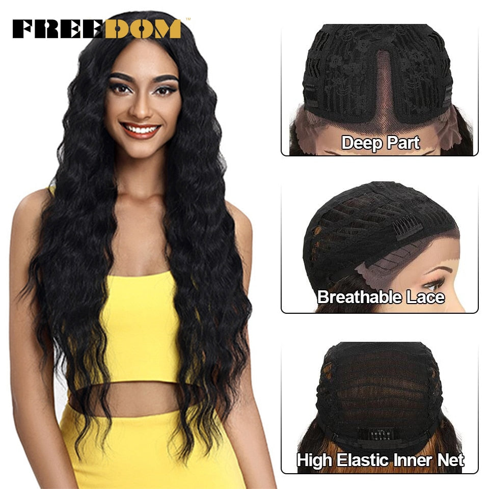 30" Long Deep Wave Synthetic Hair Lace Wigs for Women