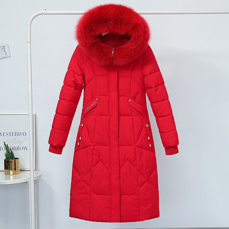 X-Long Winter Down Hooded Coat with Fur Collar for Women