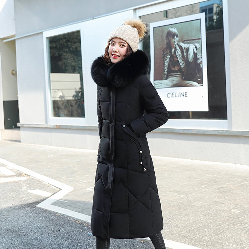 X-Long Winter Down Hooded Coat with Fur Collar for Women