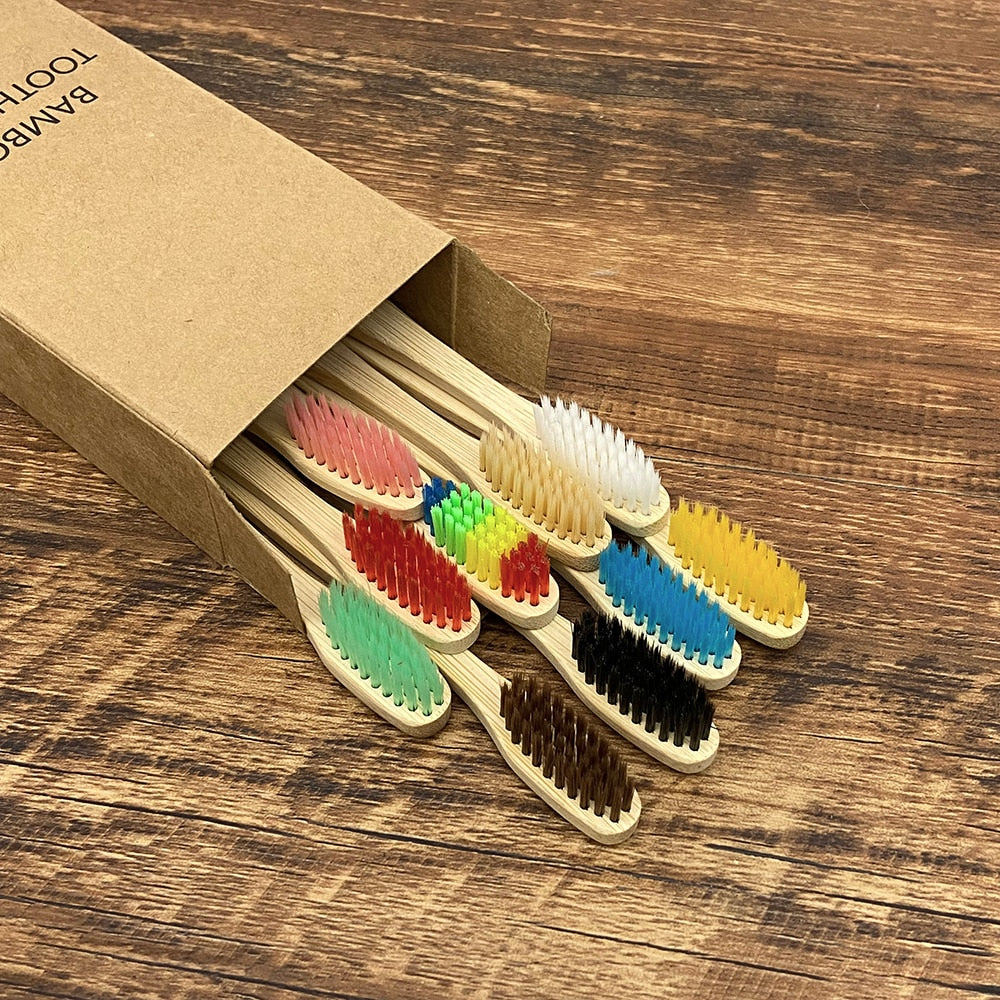 10pcs Colorful Natural Bamboo Toothbrush Set