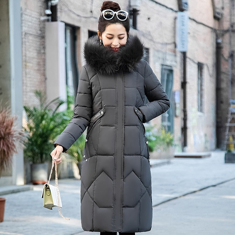 X-Long Winter Down Hooded Coat with Fur Collar for Women