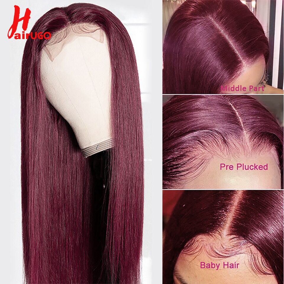 #99J-Burgundy Straight Human Hair 13x1 / 4x4 Lace Closure -T Part Lace Wigs