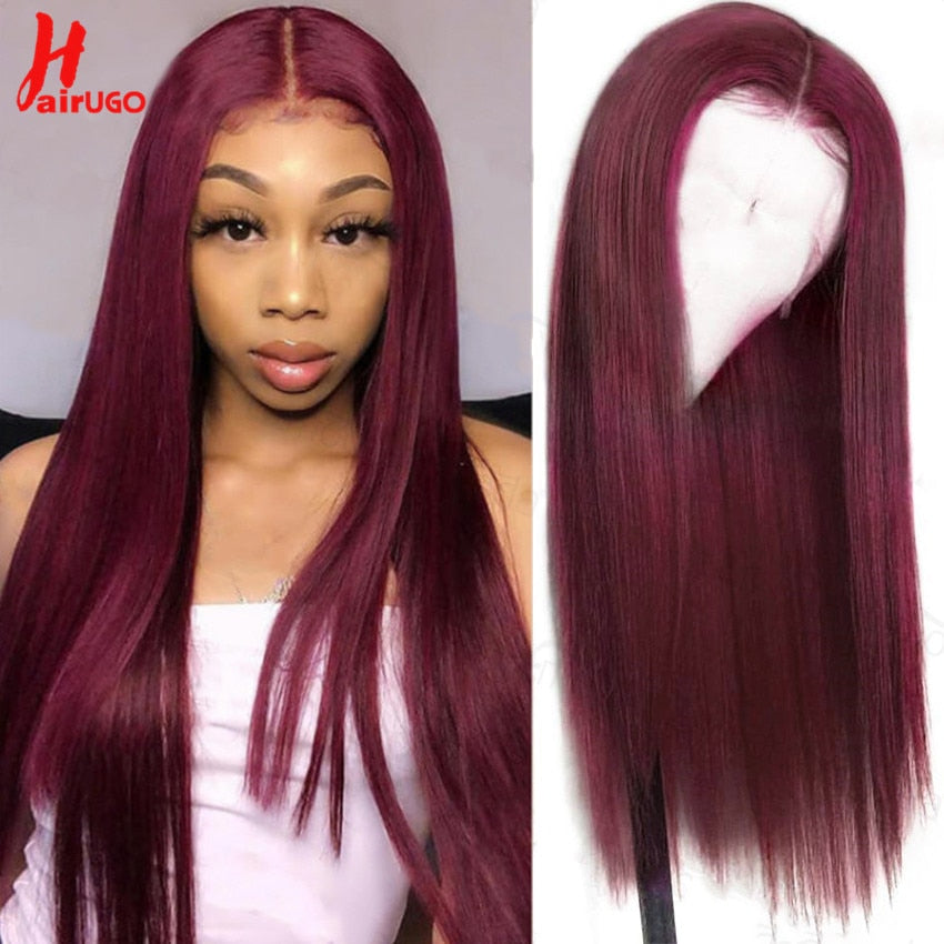 #99J-Burgundy Straight Human Hair 13x1 / 4x4 Lace Closure -T Part Lace Wigs