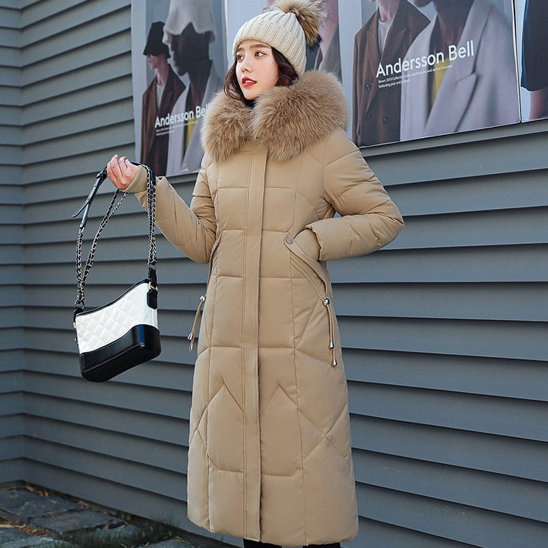 X-Long Winter Down Hooded Coat with Fur Collar for Women