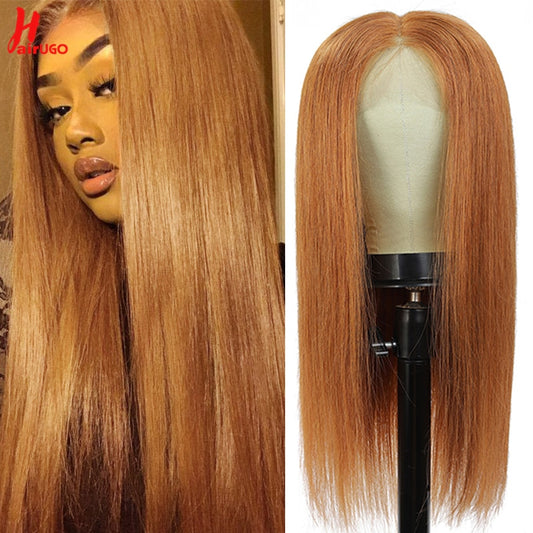 #30-Light Auburn Straight Human Hair 13x1 / 4x4 Lace Closure -T Part Lace Wigs