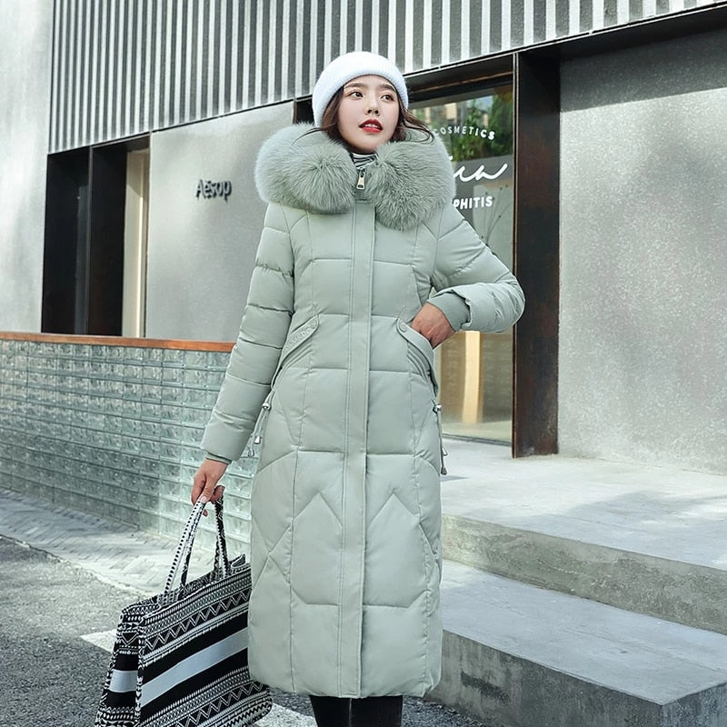 X-Long Winter Down Hooded Coat with Fur Collar for Women