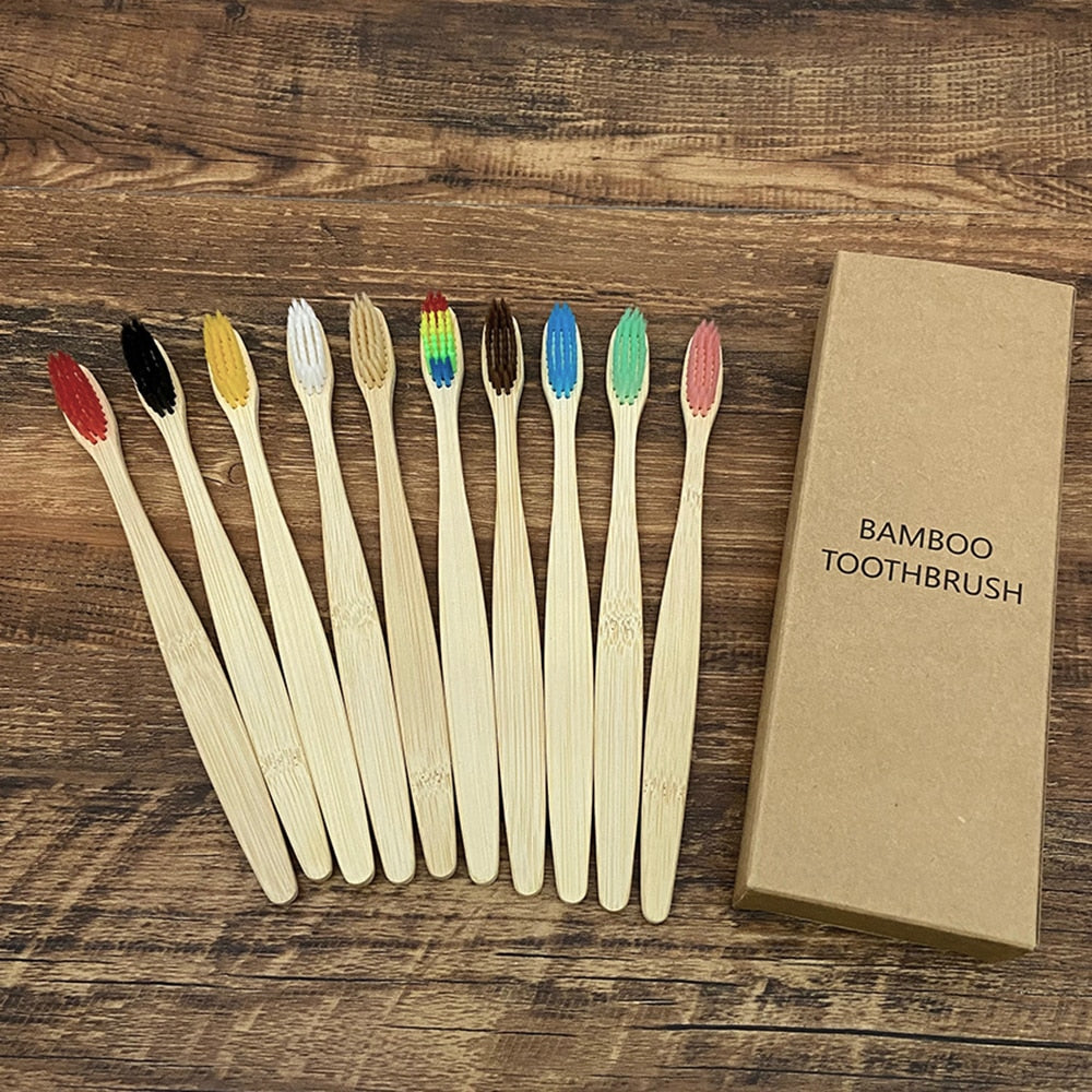 10pcs Colorful Natural Bamboo Toothbrush Set