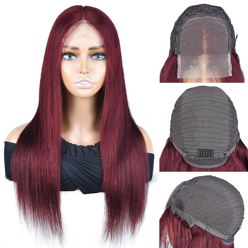 #99J-Burgundy Straight Human Hair 13x1 / 4x4 Lace Closure -T Part Lace Wigs