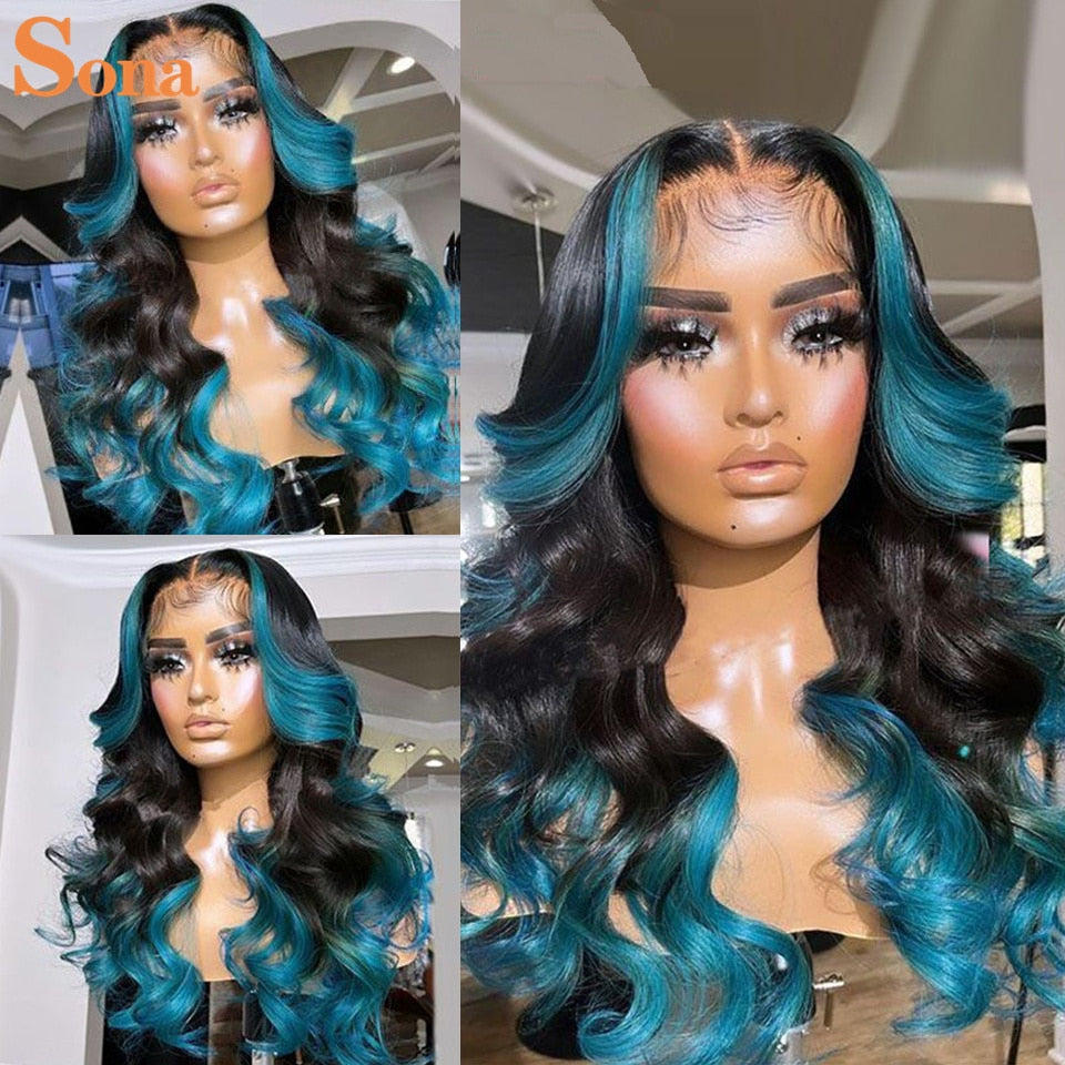 1B/Blue Ombre Wavy Human Hair Lace Frontal Wig -Pre-Plucked