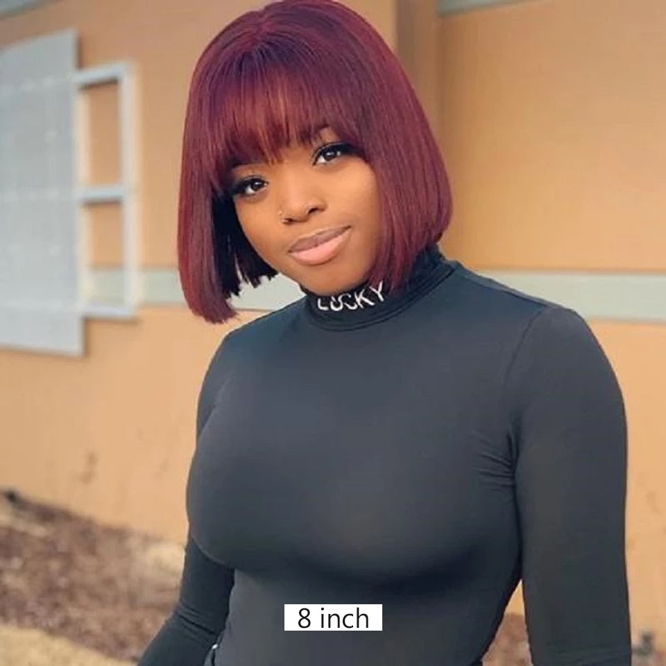 T1B/99J or 99J Short Bob Human Hair Wigs with Bangs