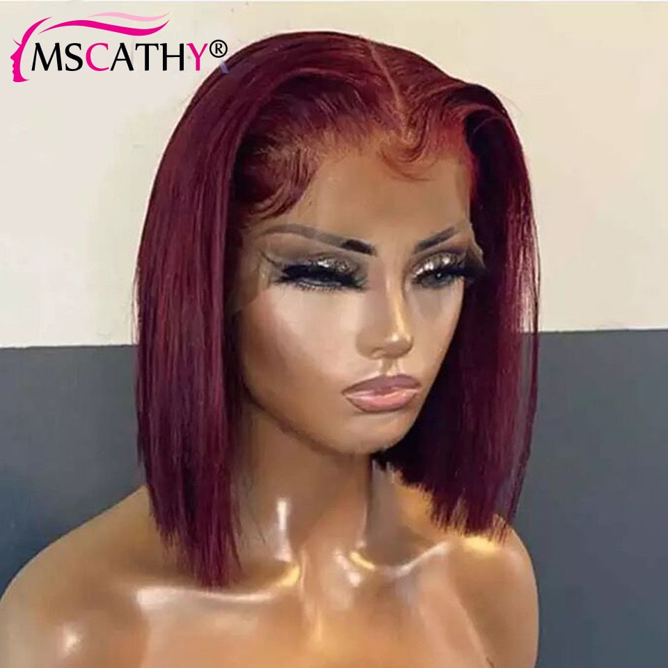 Burgundy Bob Lace Front Human Hair Wigs -Pre-Plucked