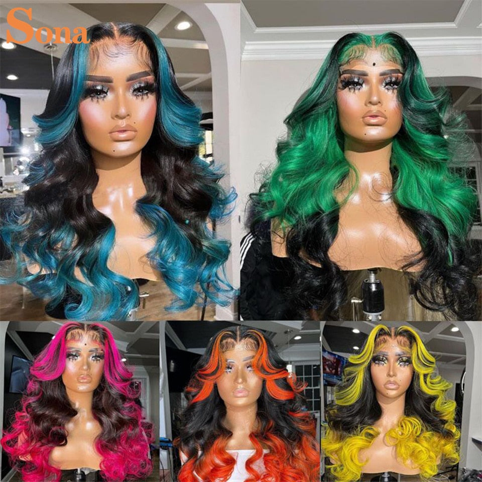 1B/Green Ombre Wavy Human Hair Lace Frontal Wig -Pre-Plucked