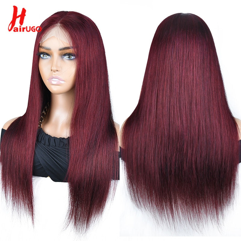 #99J-Burgundy Straight Human Hair 13x1 / 4x4 Lace Closure -T Part Lace Wigs