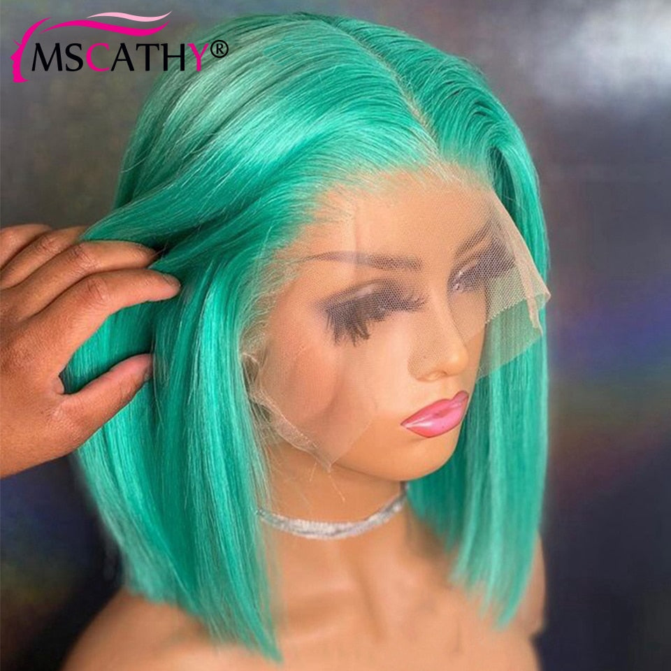 Mint Green Bob Lace Front Human Hair Wigs -Pre-Plucked