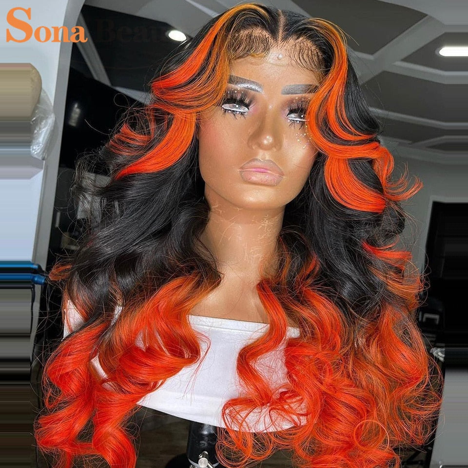 1B/Orange Ombre Wavy Human Hair Lace Frontal Wig -Pre-Plucked