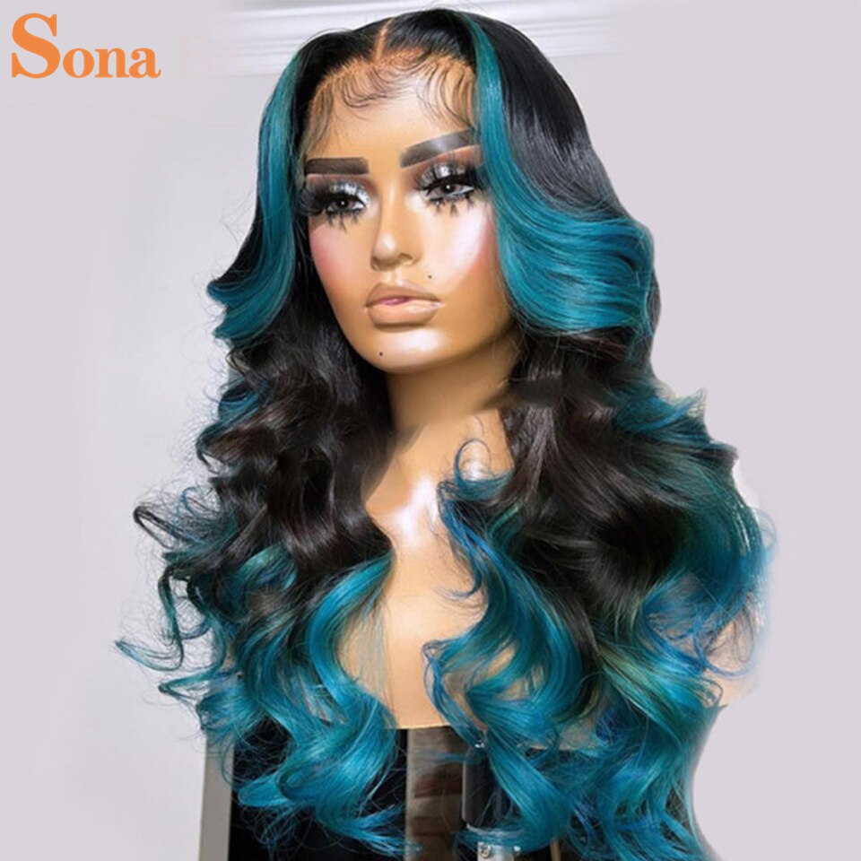 1B/Blue Ombre Wavy Human Hair Lace Frontal Wig -Pre-Plucked