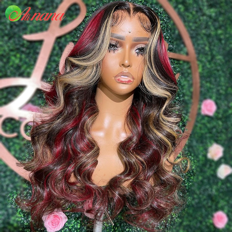 Human Hair Red & Blonde Highlighted Body Wave Lace Front Wig -Pre-Plucked