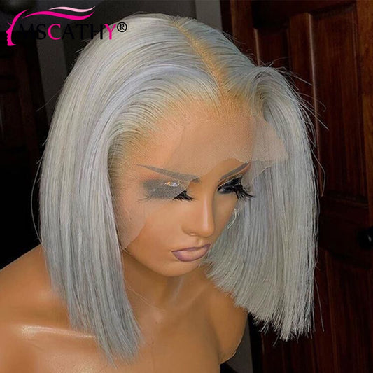 Grey Bob Lace Front Human Hair Wigs -Pre-Plucked