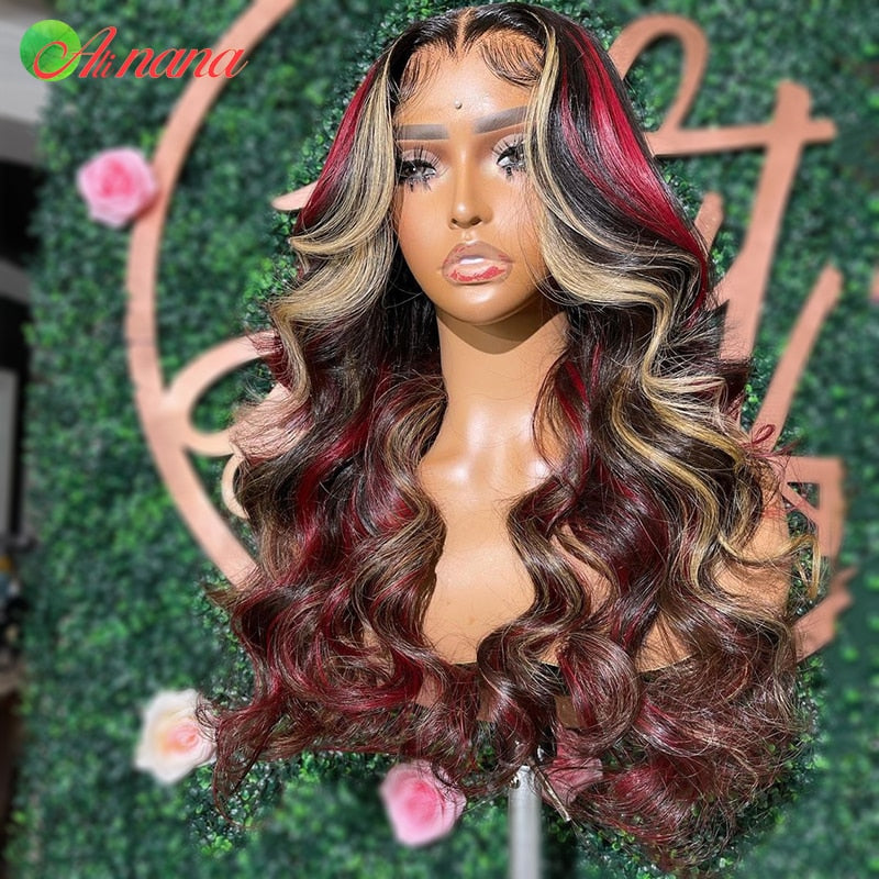 Human Hair Red & Blonde Highlighted Body Wave Lace Front Wig -Pre-Plucked