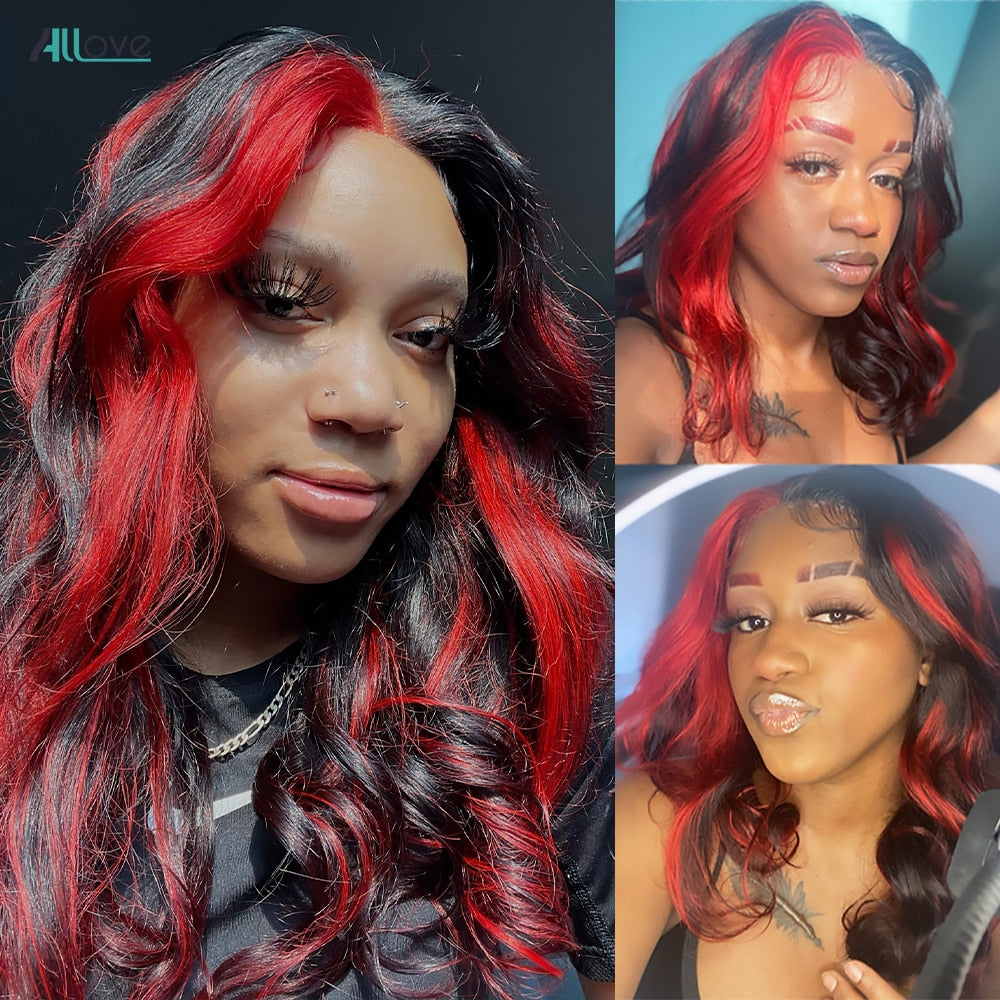 Ombre Red and Black Lace Front Human Hair Wig for Women