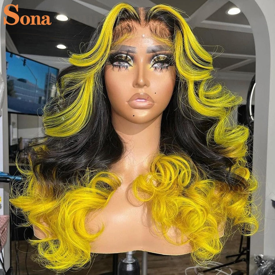 1B/Yellow Ombre Wavy Human Hair Lace Frontal Wig -Pre-Plucked