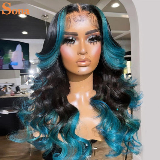 1B/Blue Ombre Wavy Human Hair Lace Frontal Wig -Pre-Plucked