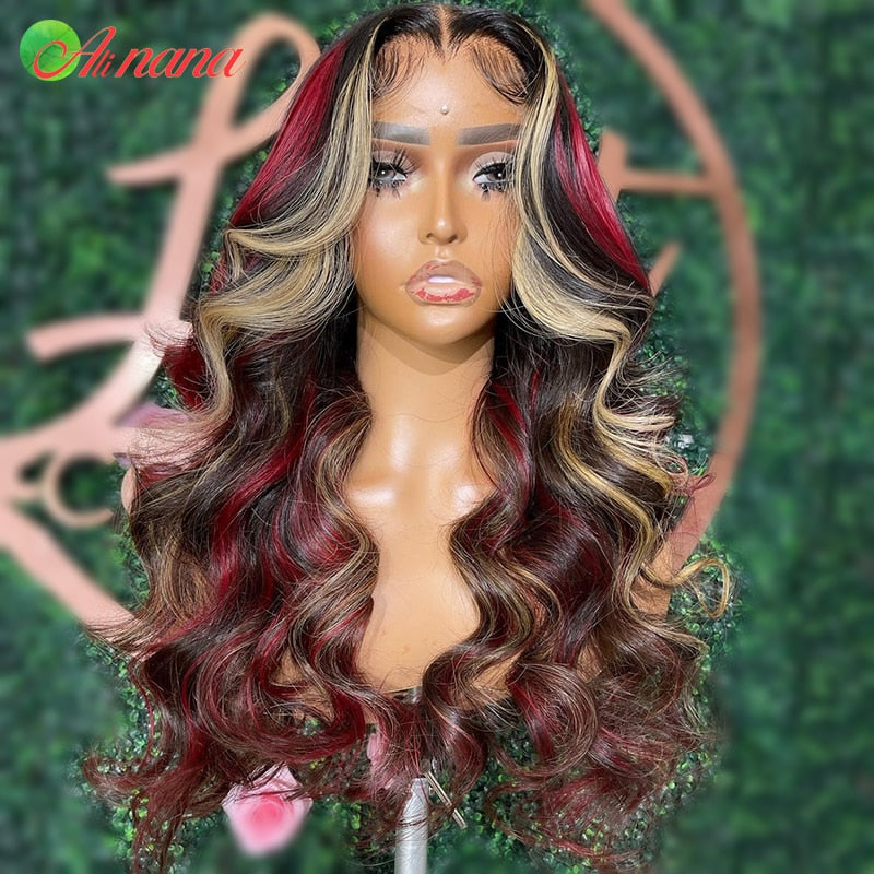 Human Hair Red & Blonde Highlighted Body Wave Lace Front Wig -Pre-Plucked