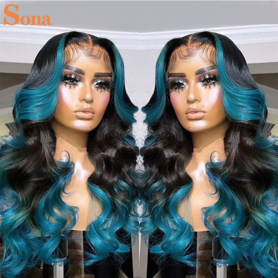 1B/Blue Ombre Wavy Human Hair Lace Frontal Wig -Pre-Plucked