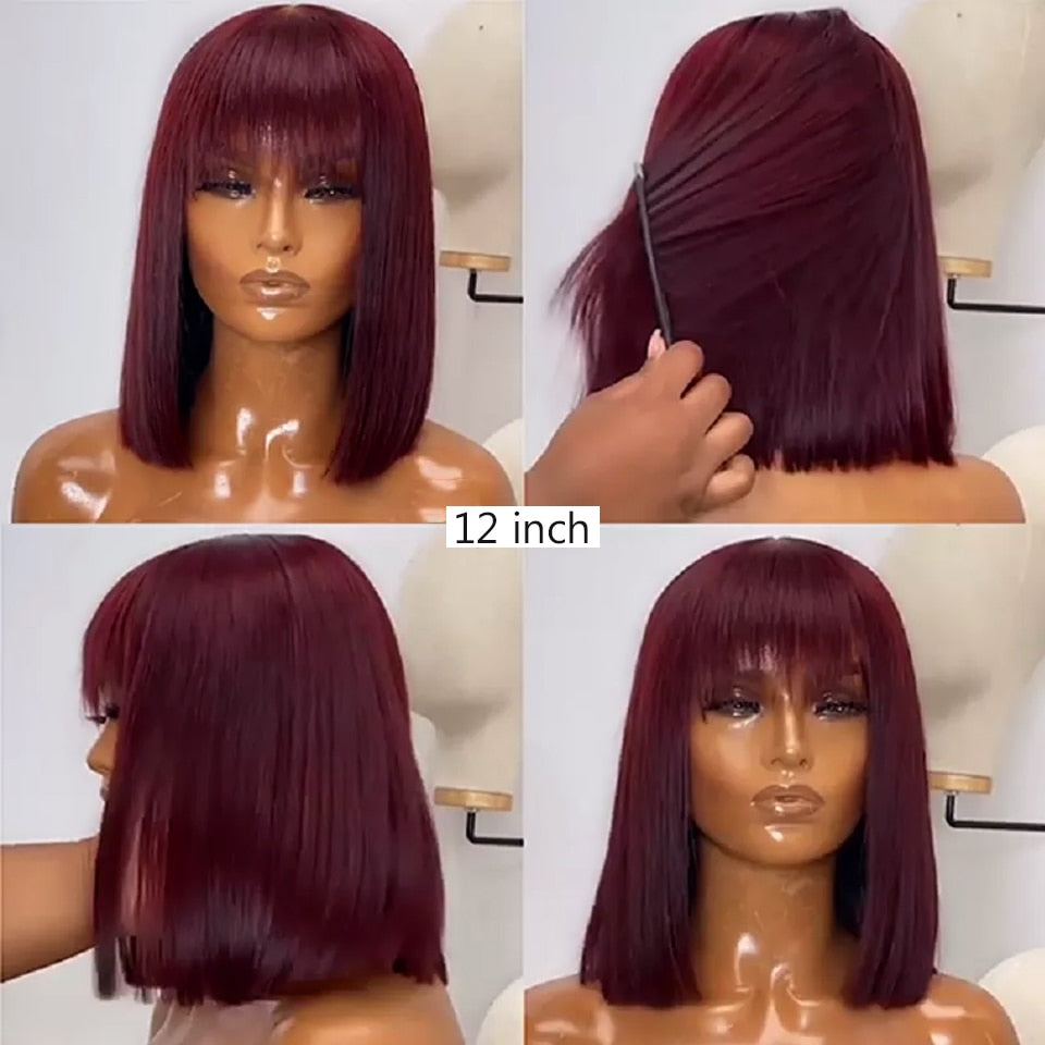 T1B/99J or 99J Short Bob Human Hair Wigs with Bangs