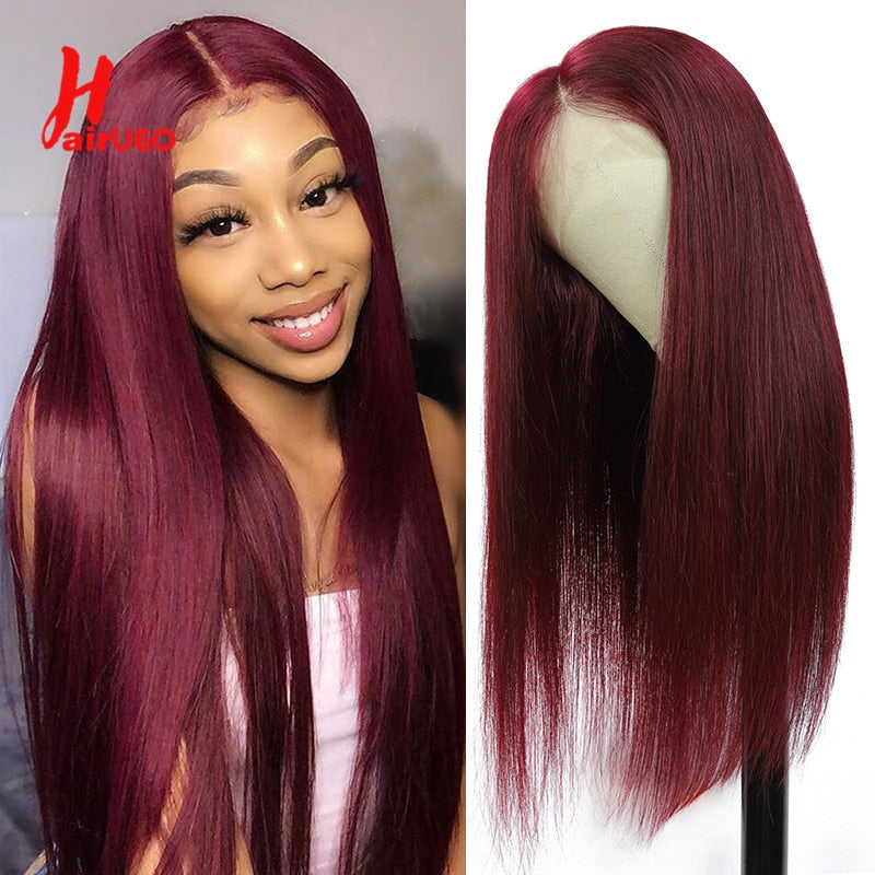 #99J-Burgundy Straight Human Hair 13x1 / 4x4 Lace Closure -T Part Lace Wigs