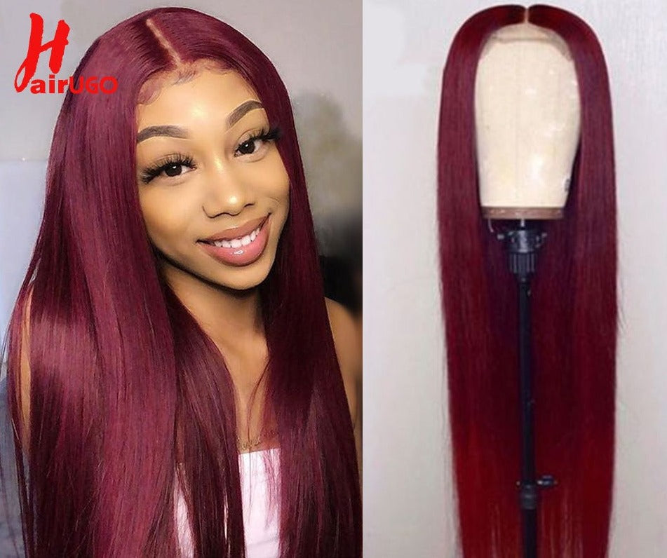 #99J-Burgundy Straight Human Hair 13x1 / 4x4 Lace Closure -T Part Lace Wigs