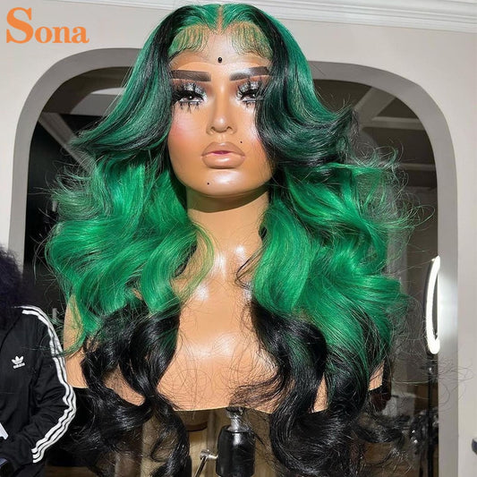 1B/Green Ombre Wavy Human Hair Lace Frontal Wig -Pre-Plucked