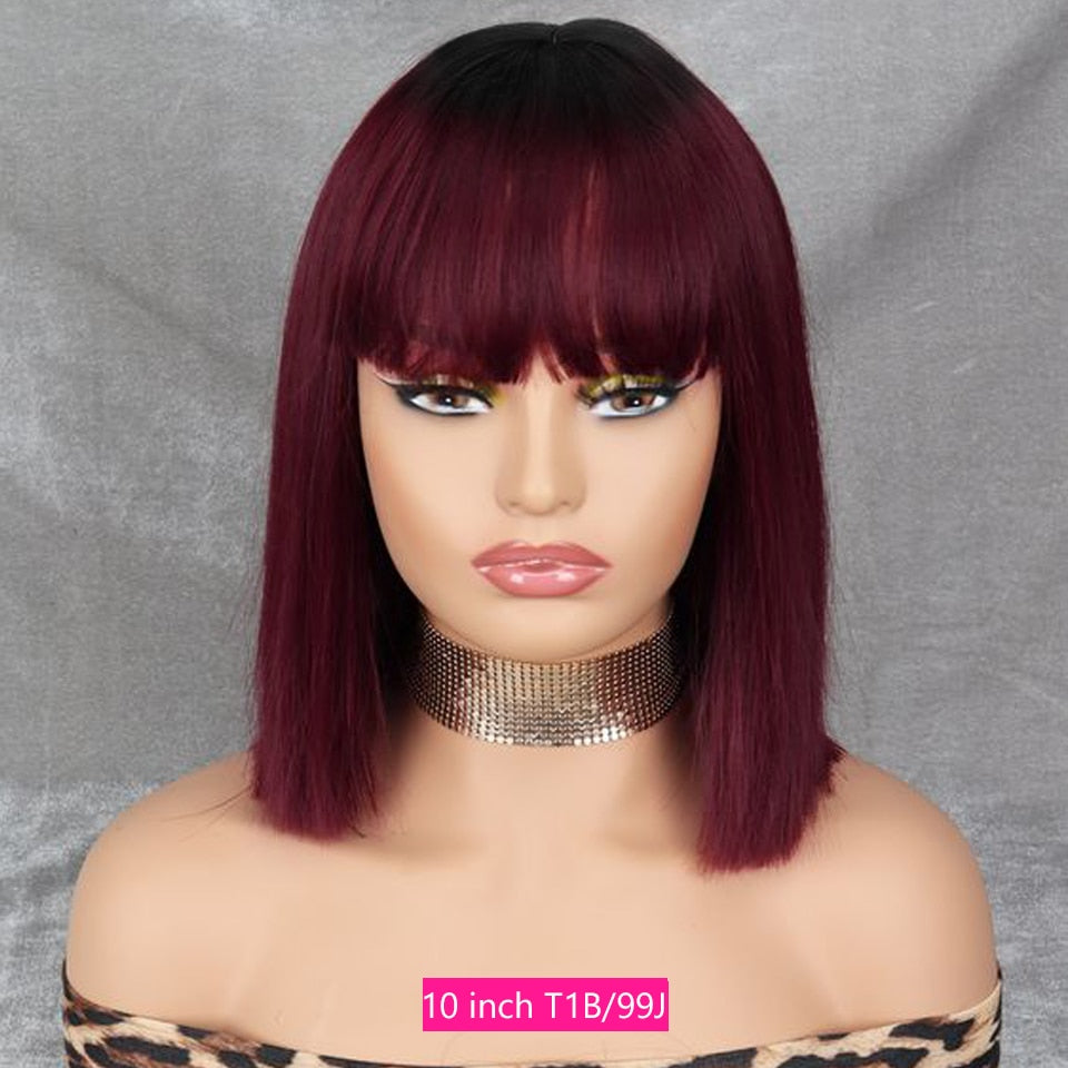 T1B/99J or 99J Short Bob Human Hair Wigs with Bangs