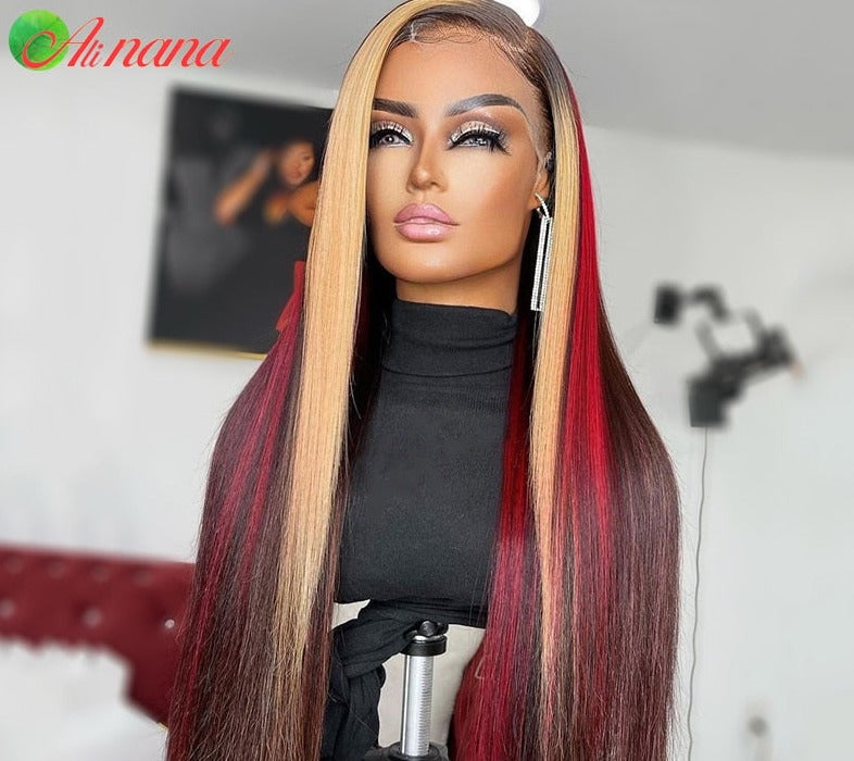 Human Hair Red & Blonde Highlighted Straight Lace Front Wig -Pre-Plucked