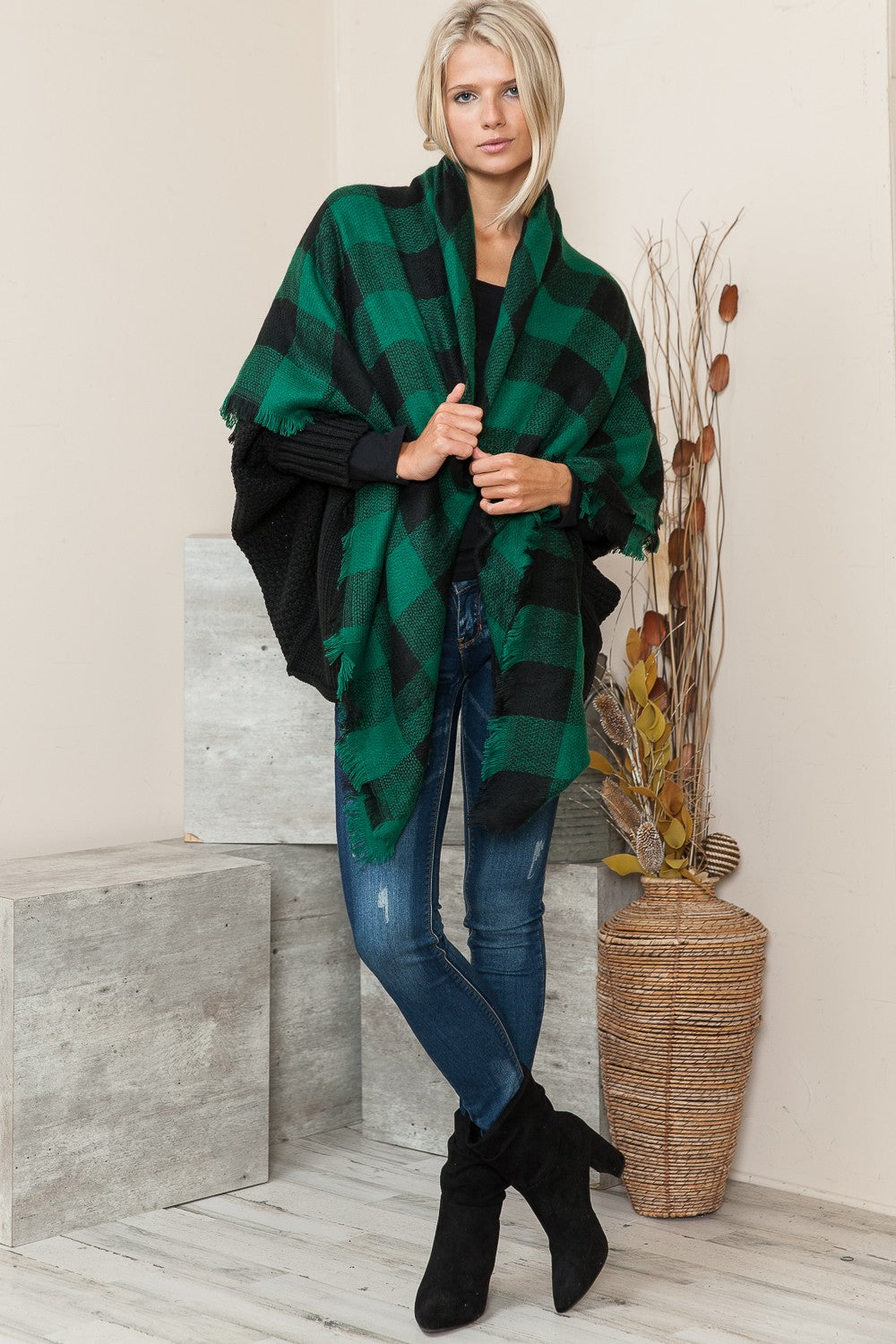 Justin Taylor Plaid Raw Hem Scarf in Green/Black