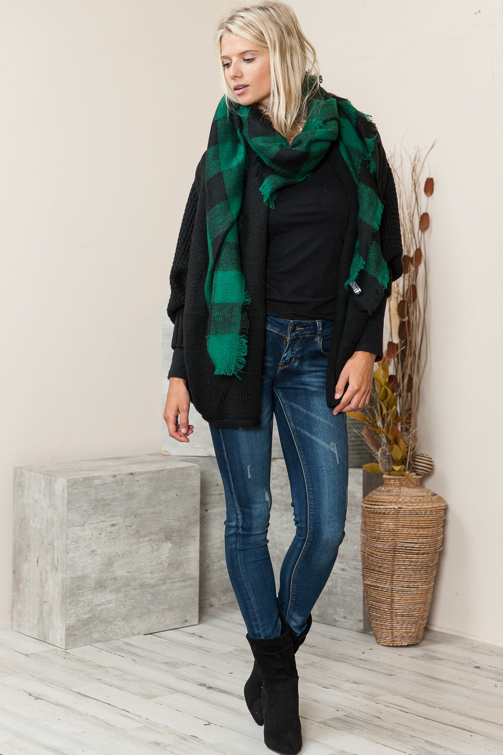 Justin Taylor Plaid Raw Hem Scarf in Green/Black