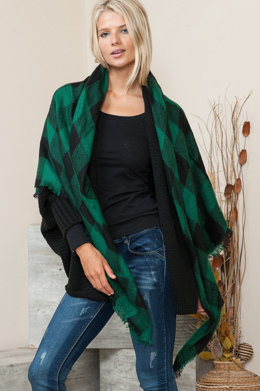 Justin Taylor Plaid Raw Hem Scarf in Green/Black